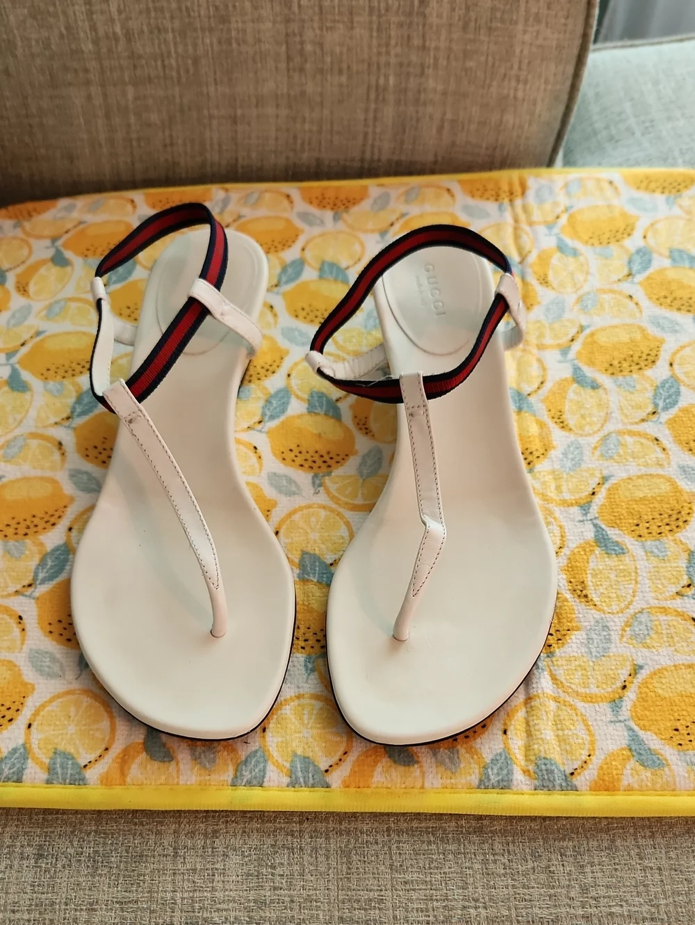 Gucci White T-Strap Sandals with Red and Navy Webbing